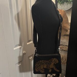 Elegant Black Safari Bag with Beaded Leopard